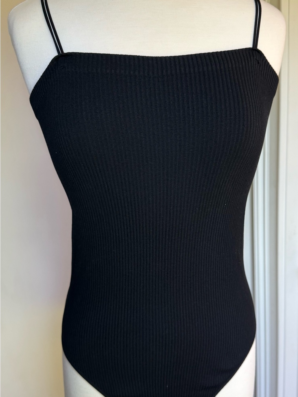 Classic Black Ribbed Spaghetti-Strap Bodysuit - Women